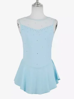 Robe de patinage pour femmes et filles en polyester turquoise sans manches ornée de strass. Costumes de danse et de patinage.