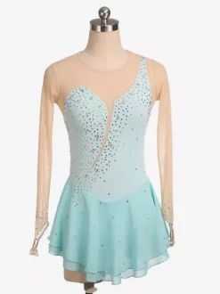 Robe de patinage Royle Blue manches longues couleur chair encolure perlée costumes de patinage pour femmes et filles