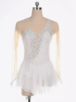 Robe de patinage Royle Blue manches longues couleur chair encolure perlée costumes de patinage pour femmes et filles