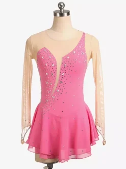 Robe de patinage Royle Blue manches longues couleur chair encolure perlée costumes de patinage pour femmes et filles