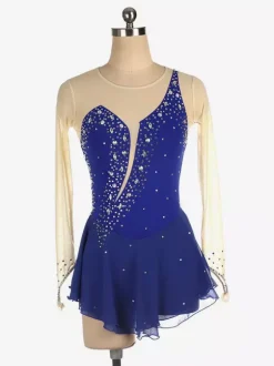 Robe de patinage Royle Blue manches longues couleur chair encolure perlée costumes de patinage pour femmes et filles