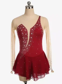 Robe de patinage Royle Blue manches longues couleur chair encolure perlée costumes de patinage pour femmes et filles