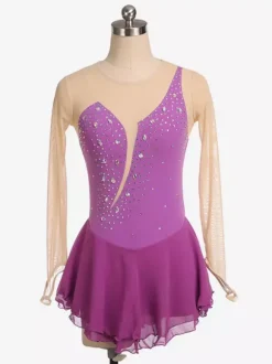Robe de patinage Royle Blue manches longues couleur chair encolure perlée costumes de patinage pour femmes et filles
