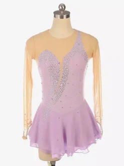 Robe de patinage Royle Blue manches longues couleur chair encolure perlée costumes de patinage pour femmes et filles