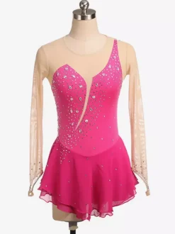 Robe de patinage Royle Blue manches longues couleur chair encolure perlée costumes de patinage pour femmes et filles