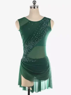 Robe de patinage sans manches en maille illusion nude ornée de strass vêtements de performance