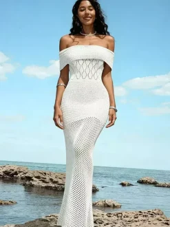 Robe de plage sirène en maille ajourée à épaules dénudées