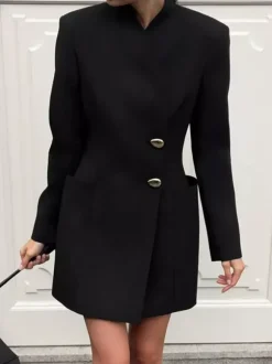 Robe de soirée à col montant boutons dorés manches longues poche blazer de bureau