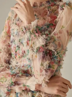 Robe de soirée à volants et manches illusion superposées robe longue folklorique élégante