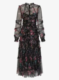 Robe de soirée à volants et manches illusion superposées robe longue folklorique élégante