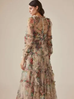 Robe de soirée à volants et manches illusion superposées robe longue folklorique élégante