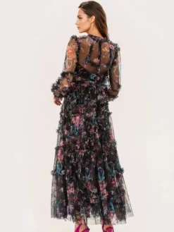 Robe de soirée à volants et manches illusion superposées robe longue folklorique élégante