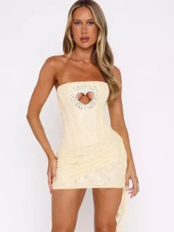 Robe de soirée abricot en polyester à motif c艙urs sans manches bustier robe d'été