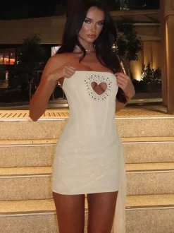 Robe de soirée abricot en polyester à motif c艙urs sans manches bustier robe d'été