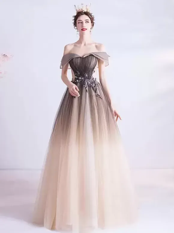 Robe de soirée A-ligne Bateau Neck Tulle Longueur ras du sol Robes de soirée formelles perlées
