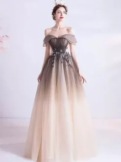 Robe de soirée A-ligne Bateau Neck Tulle Longueur ras du sol Robes de soirée formelles perlées