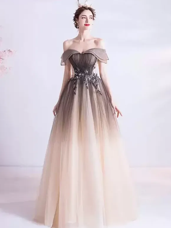 Robe de soirée A-ligne Bateau Neck Tulle Longueur ras du sol Robes de soirée formelles perlées