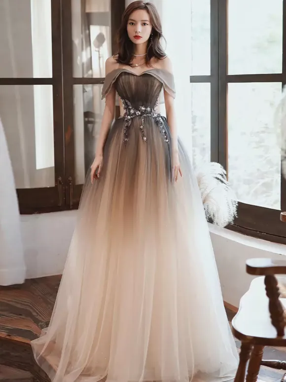 Robe de soirée A-ligne Bateau Neck Tulle Longueur ras du sol Robes de soirée formelles perlées