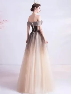 Robe de soirée A-ligne Bateau Neck Tulle Longueur ras du sol Robes de soirée formelles perlées