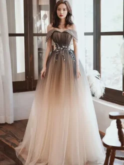 Robe de soirée A-ligne Bateau Neck Tulle Longueur ras du sol Robes de soirée formelles perlées