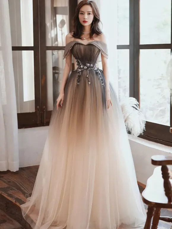 Robe de soirée A-ligne Bateau Neck Tulle Longueur ras du sol Robes de soirée formelles perlées