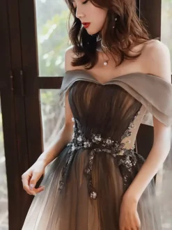 Robe de soirée A-ligne Bateau Neck Tulle Longueur ras du sol Robes de soirée formelles perlées
