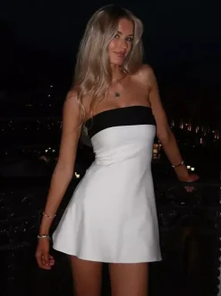 Robe de soirée blanche en polyester bicolore sans manches et sans bretelles