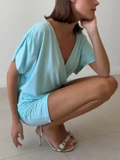 Robe de soirée blanche en polyester à manches courtes et col en V