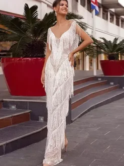 Robe de soirée blanche sans manches à col V moulante et sexy