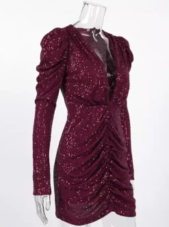 Robe de soirée bordeaux à col en V chaînes et manches longues robe sexy