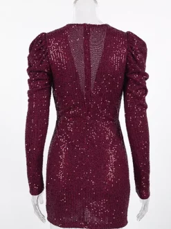 Robe de soirée bordeaux à col en V chaînes et manches longues robe sexy
