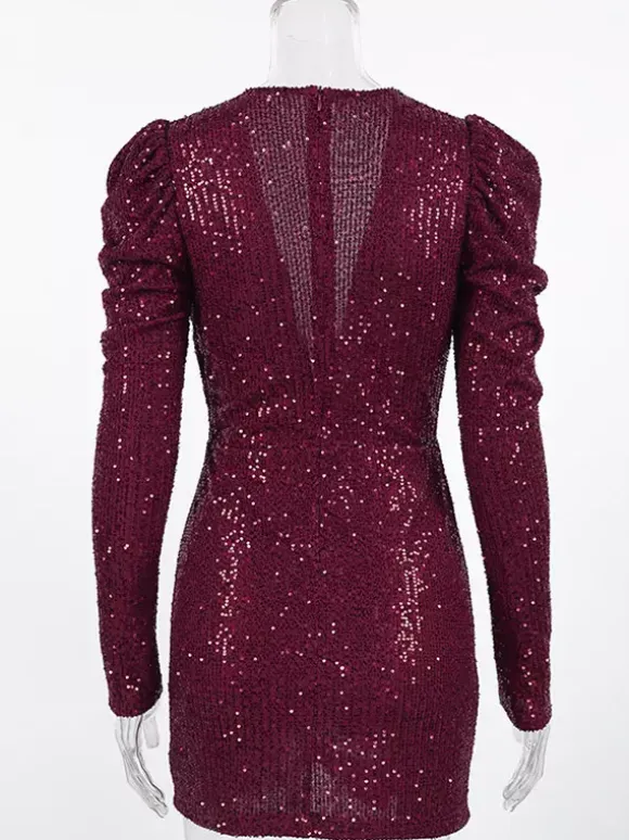 Robe de soirée bordeaux à col en V chaînes et manches longues robe sexy