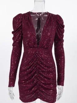 Robe de soirée bordeaux à col en V chaînes et manches longues robe sexy