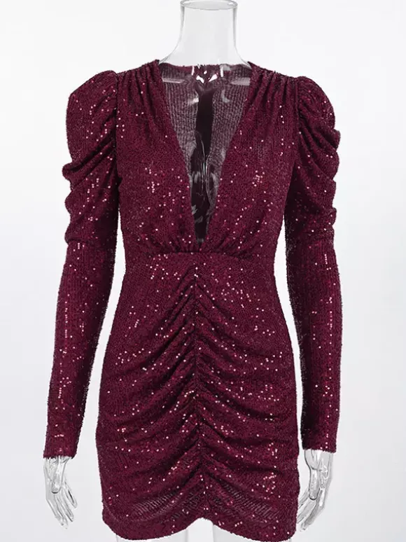 Robe de soirée bordeaux à col en V chaînes et manches longues robe sexy