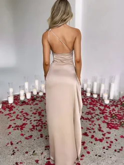 Robe de soirée Champagne une épaule plissée fente haute robes de bal sexy
