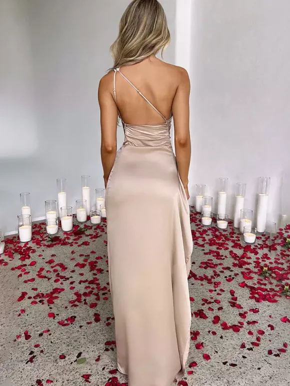 Robe de soirée Champagne une épaule plissée fente haute robes de bal sexy