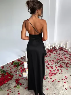 Robe de soirée Champagne une épaule plissée fente haute robes de bal sexy