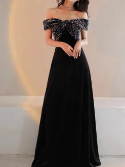 Robe de soirée col bateau paillete au sol robe cérémonie femme