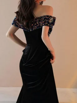 Robe de soirée col bateau paillete au sol robe cérémonie femme