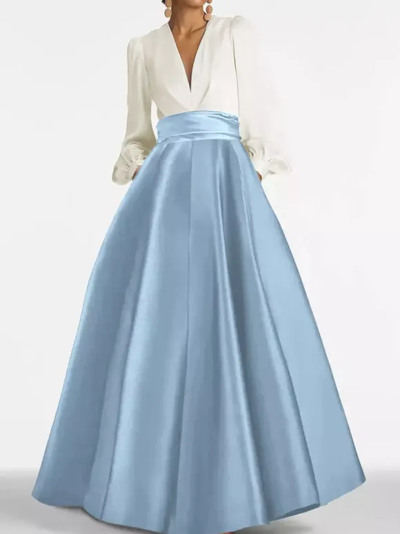 Robe de soirée col V manche longue jupe en satin au sol
