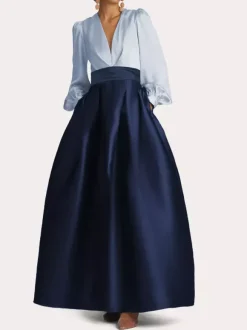 Robe de soirée col V manche longue jupe en satin au sol