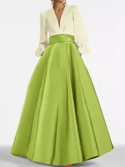 Robe de soirée col V manche longue jupe en satin au sol