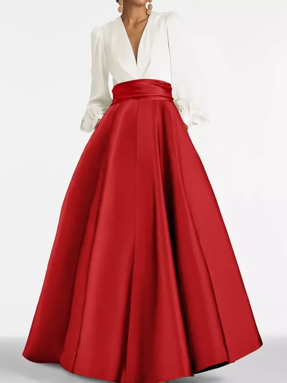 Robe de soirée col V manche longue jupe en satin au sol