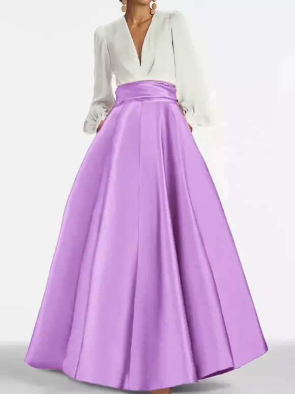 Robe de soirée col V manche longue jupe en satin au sol