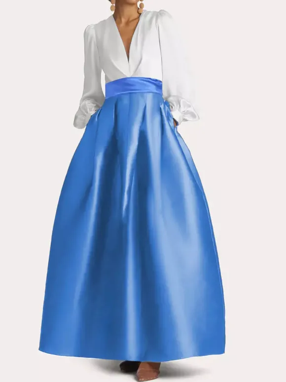 Robe de soirée col V manche longue jupe en satin au sol