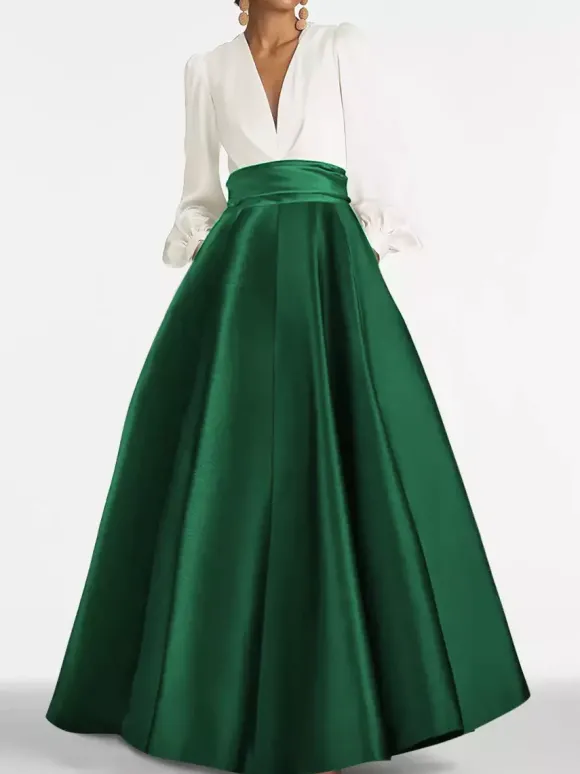 Robe de soirée col V manche longue jupe en satin au sol
