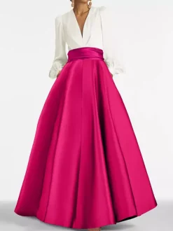Robe de soirée col V manche longue jupe en satin au sol