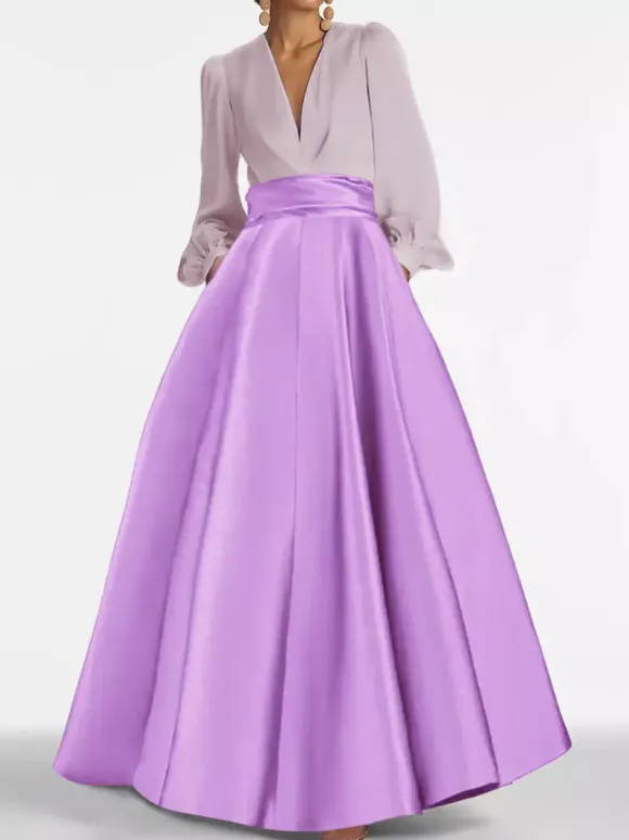 Robe de soirée col V manche longue jupe en satin au sol