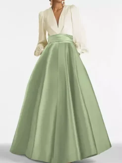 Robe de soirée col V manche longue jupe en satin au sol