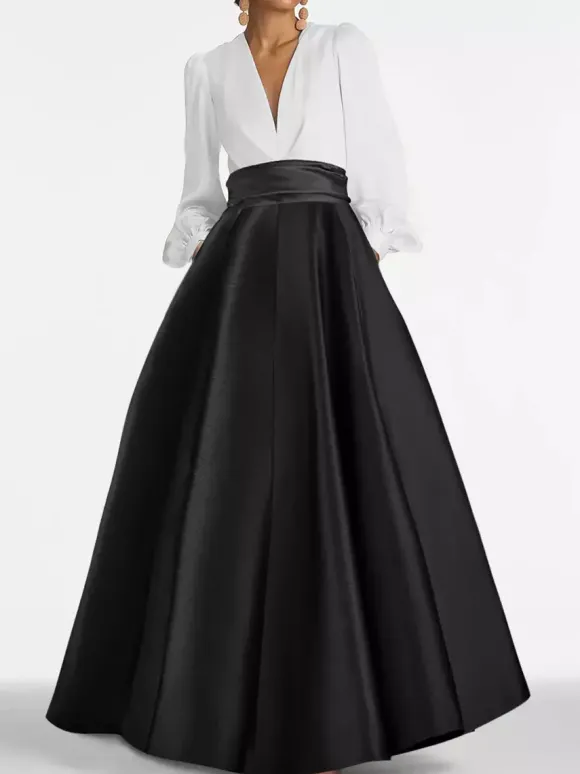 Robe de soirée col V manche longue jupe en satin au sol